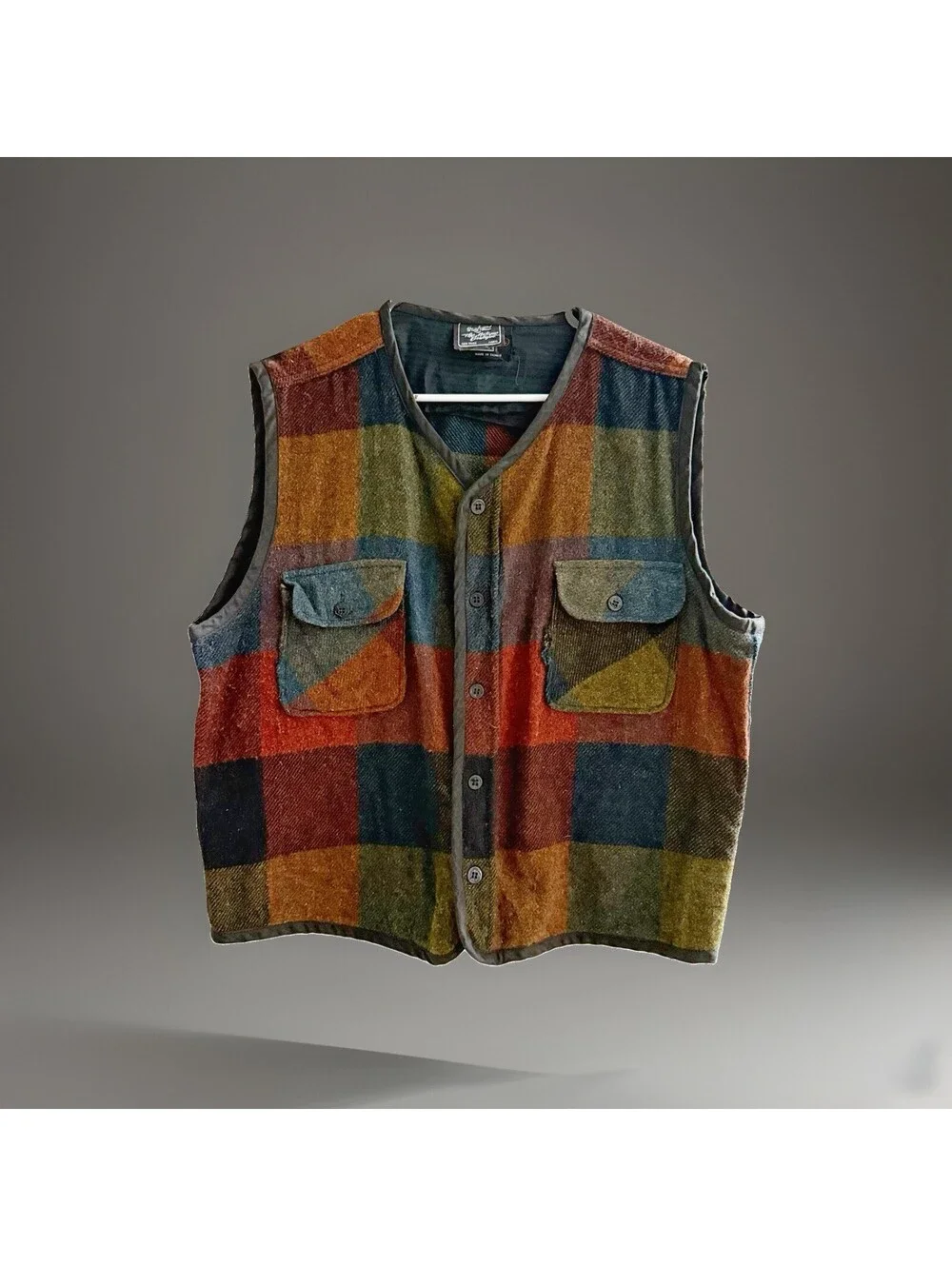 Vintage Cranbrook Plaid Wool Vest L Hunting Outdoors Patch Pocket 80s 90s